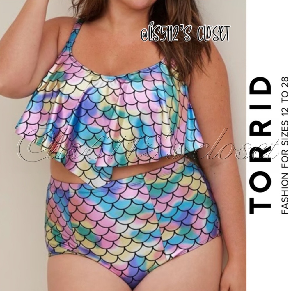 Torrid Iridescent Rainbow Mermaid Flounce Bikini Top & Bottom Swimsuit SET 4X 26